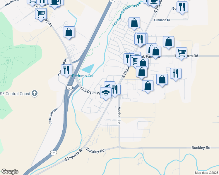 map of restaurants, bars, coffee shops, grocery stores, and more near 16 Villa Court in San Luis Obispo