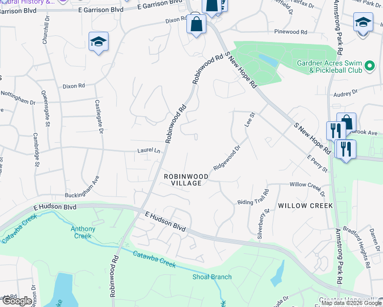 map of restaurants, bars, coffee shops, grocery stores, and more near 1626 Backcreek Lane in Gastonia