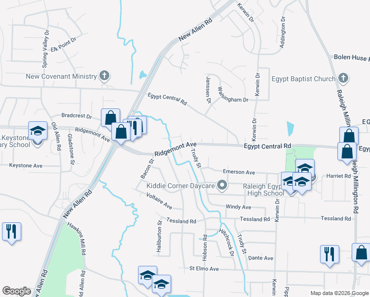 map of restaurants, bars, coffee shops, grocery stores, and more near 3685 Ridgemont Road in Memphis