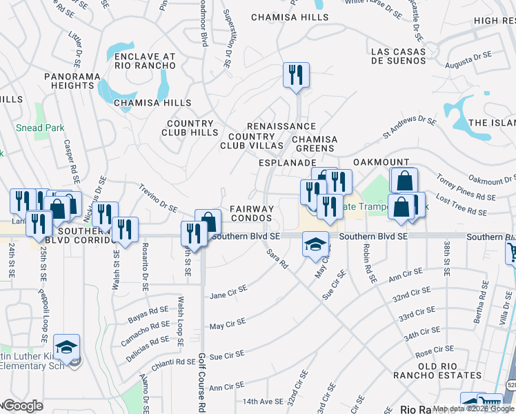map of restaurants, bars, coffee shops, grocery stores, and more near 901 Country Club Drive Southeast in Rio Rancho