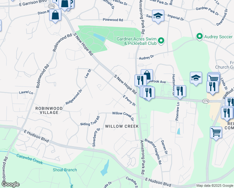 map of restaurants, bars, coffee shops, grocery stores, and more near 1649 East Perry Street in Gastonia
