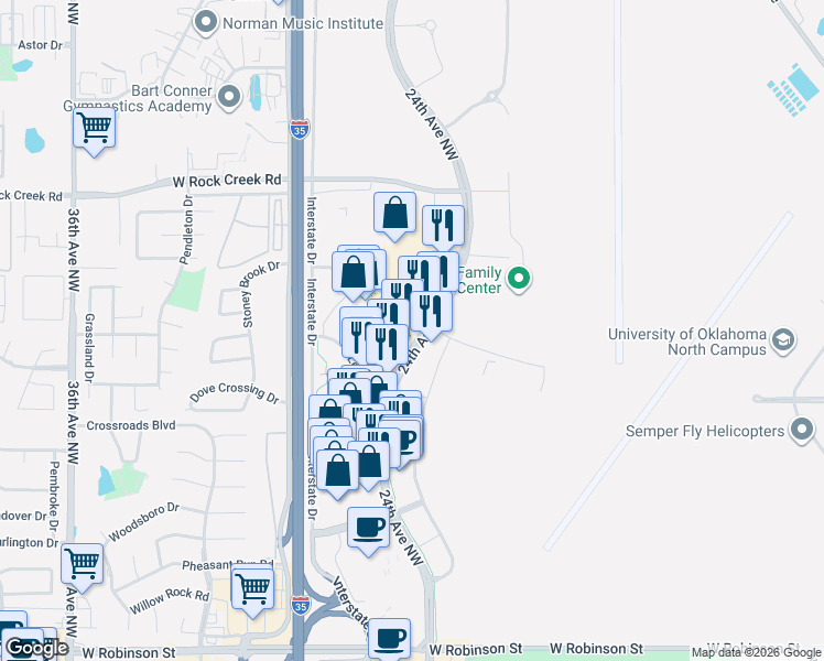 map of restaurants, bars, coffee shops, grocery stores, and more near 3463 24th Avenue Northwest in Norman