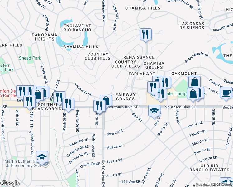 map of restaurants, bars, coffee shops, grocery stores, and more near 907 Country Club Drive Southeast in Rio Rancho