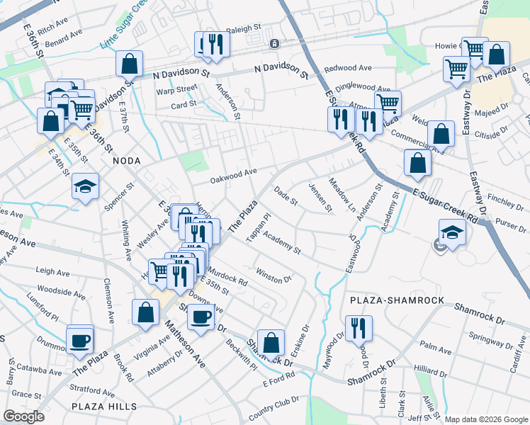 map of restaurants, bars, coffee shops, grocery stores, and more near in Charlotte