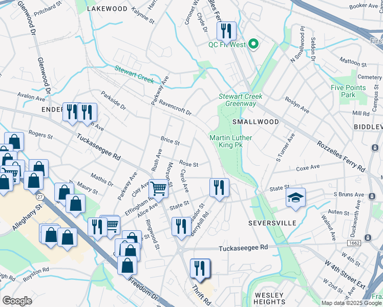 map of restaurants, bars, coffee shops, grocery stores, and more near 3001 Carol Avenue in Charlotte