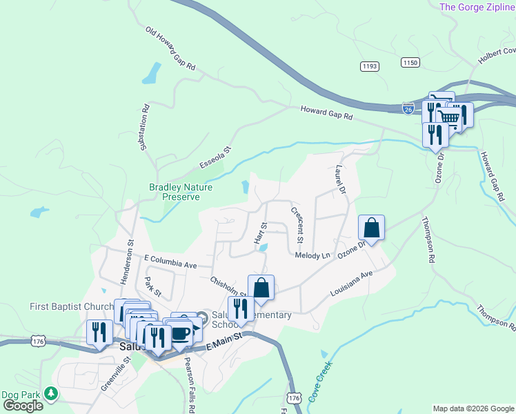 map of restaurants, bars, coffee shops, grocery stores, and more near 551 Crescent Drive in Saluda