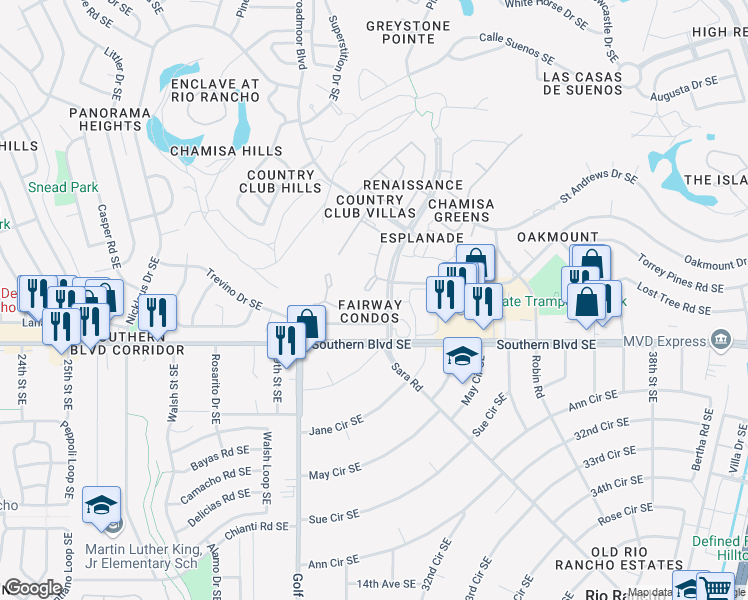 map of restaurants, bars, coffee shops, grocery stores, and more near 901 Country Club Drive Southeast in Rio Rancho