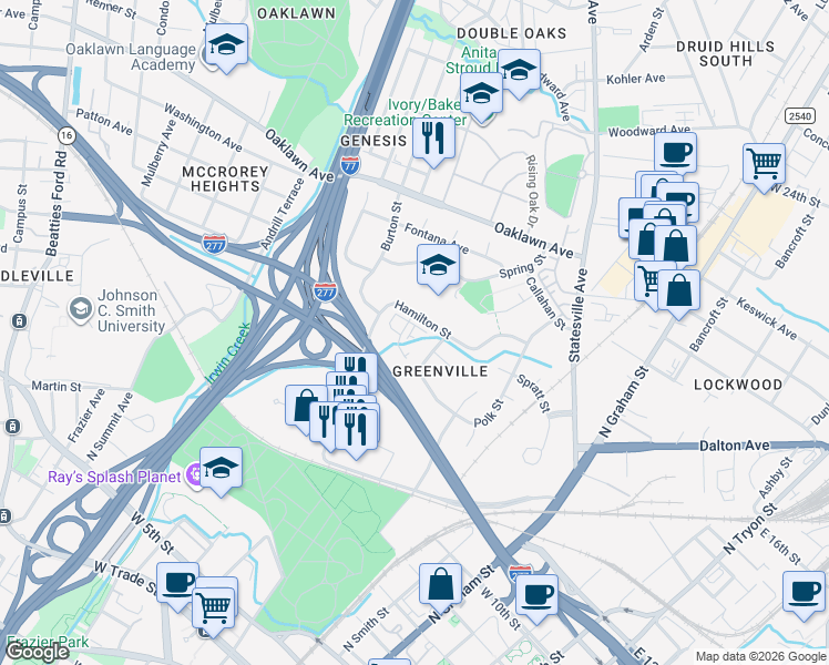 map of restaurants, bars, coffee shops, grocery stores, and more near 1271 Polk Street in Charlotte