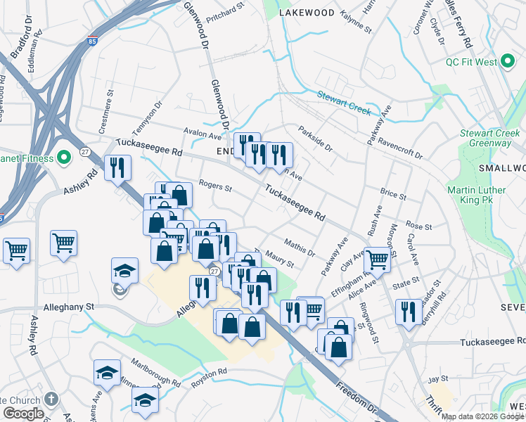 map of restaurants, bars, coffee shops, grocery stores, and more near 3227 Rogers Street in Charlotte