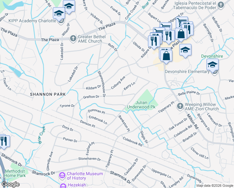 map of restaurants, bars, coffee shops, grocery stores, and more near 5339 Grafton Drive in Charlotte