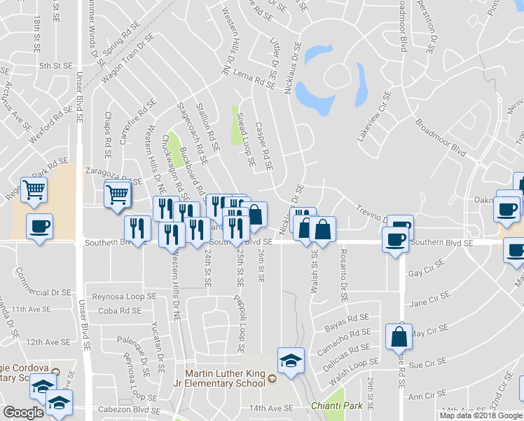 map of restaurants, bars, coffee shops, grocery stores, and more near 2524 Stallion Court Southeast in Rio Rancho
