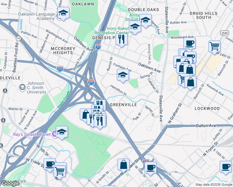 map of restaurants, bars, coffee shops, grocery stores, and more near 1271 Polk Street in Charlotte