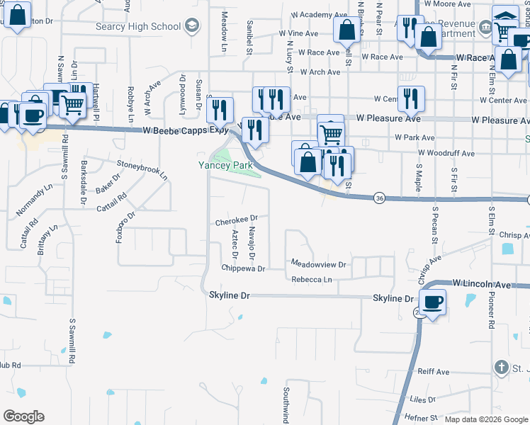 map of restaurants, bars, coffee shops, grocery stores, and more near 202 Navajo Drive in Searcy