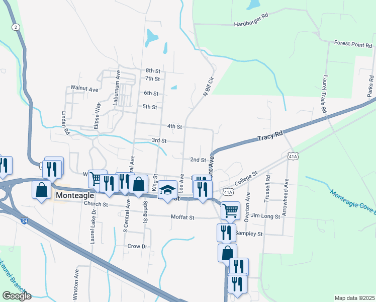 map of restaurants, bars, coffee shops, grocery stores, and more near 105 2nd Street in Monteagle