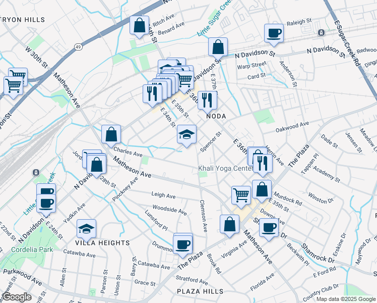 map of restaurants, bars, coffee shops, grocery stores, and more near 3201 Clemson Avenue in Charlotte