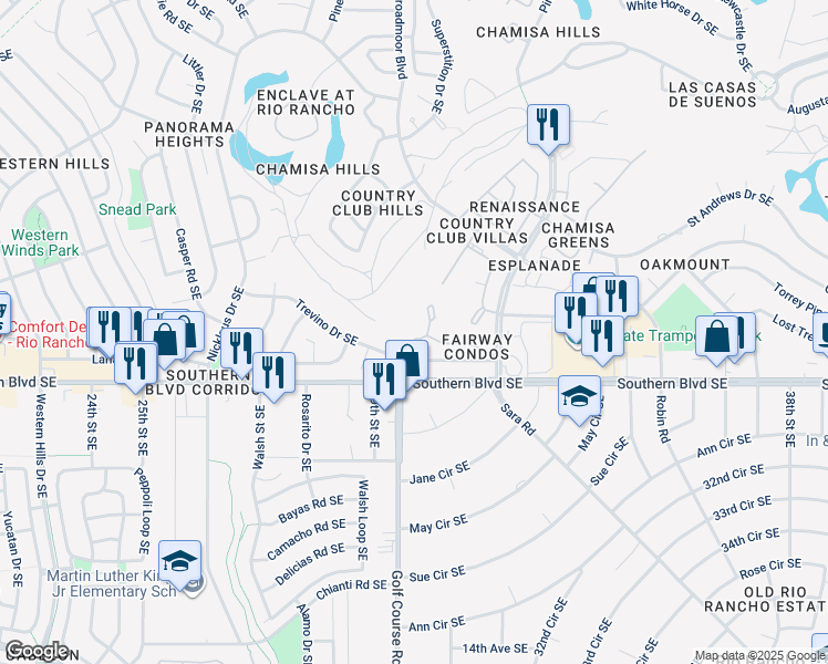 map of restaurants, bars, coffee shops, grocery stores, and more near 915 Country Club Drive Southeast in Rio Rancho