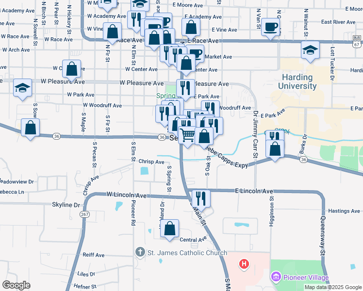 map of restaurants, bars, coffee shops, grocery stores, and more near 702 South Main Street in Searcy