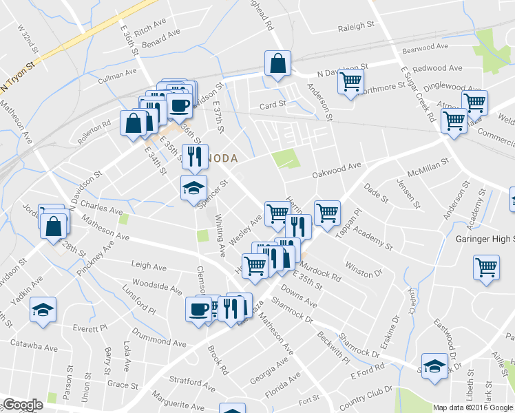 map of restaurants, bars, coffee shops, grocery stores, and more near in Charlotte