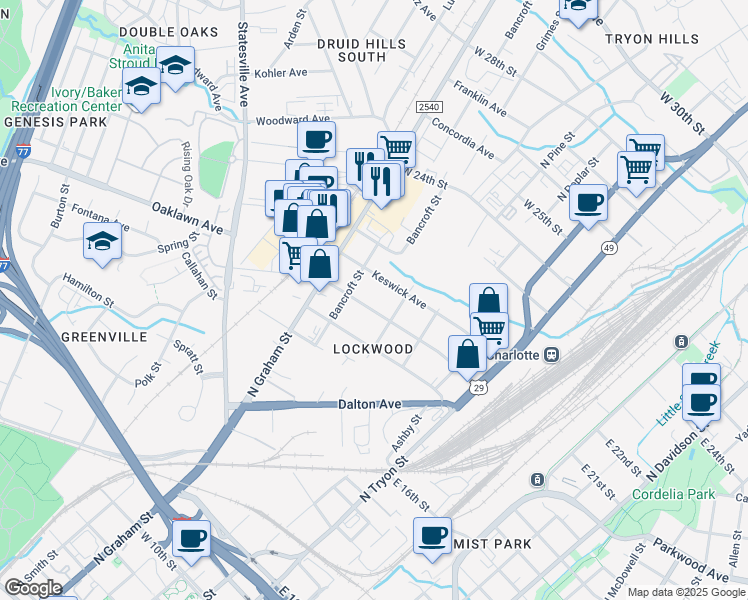 map of restaurants, bars, coffee shops, grocery stores, and more near 411 Sylvania Avenue in Charlotte