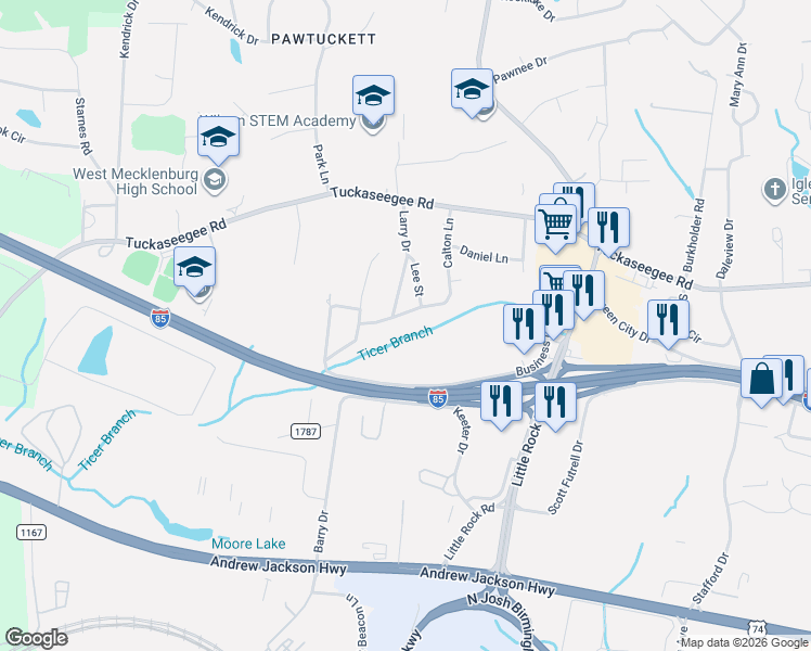 map of restaurants, bars, coffee shops, grocery stores, and more near 6941 Calton Lane in Charlotte
