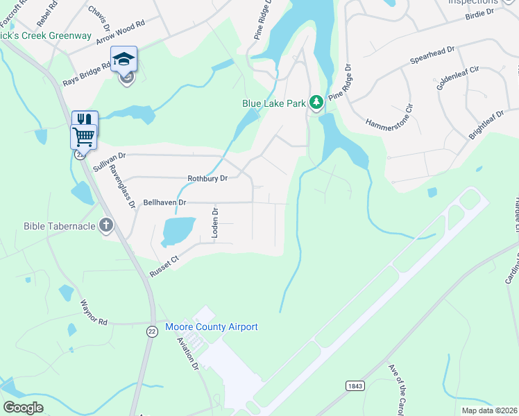 map of restaurants, bars, coffee shops, grocery stores, and more near 124 Dublin Court in Whispering Pines