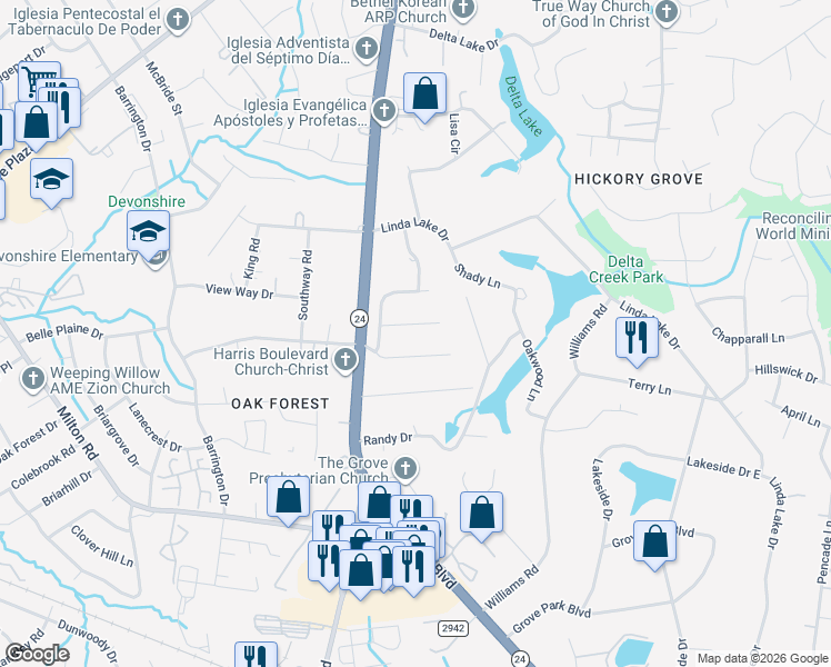 map of restaurants, bars, coffee shops, grocery stores, and more near 7045 Markway Drive in Charlotte