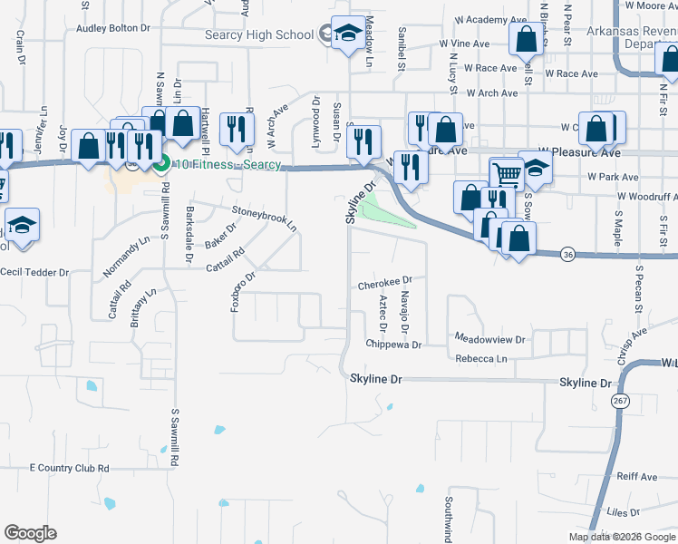 map of restaurants, bars, coffee shops, grocery stores, and more near 939 Skyline Drive in Searcy