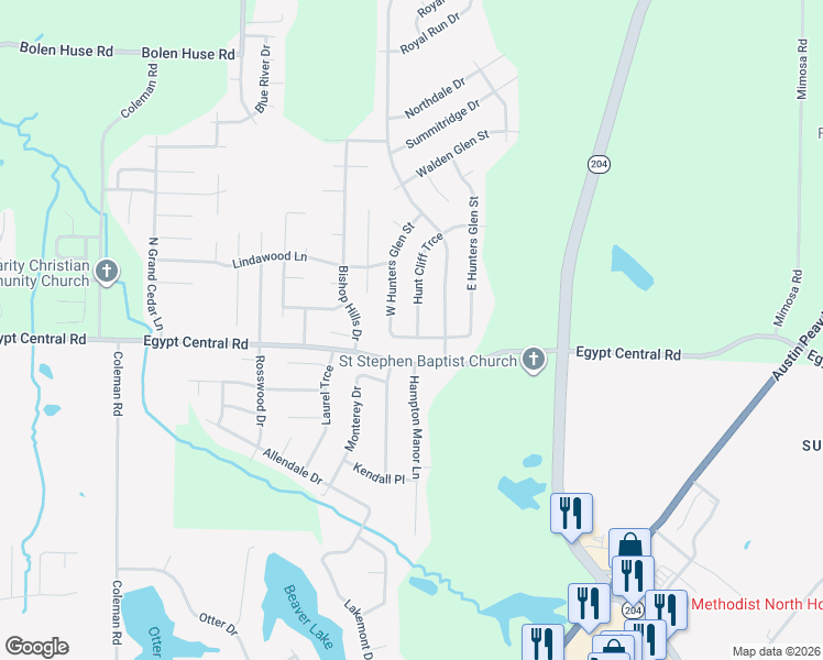 map of restaurants, bars, coffee shops, grocery stores, and more near 4822 Egypt Central Road in Memphis