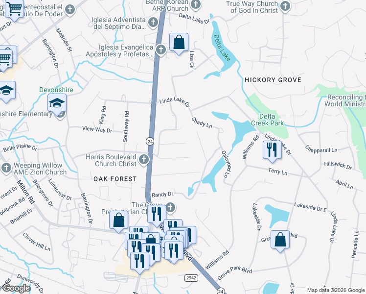 map of restaurants, bars, coffee shops, grocery stores, and more near 7122 Misty Morn Drive in Charlotte