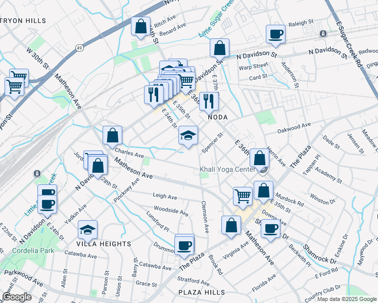 map of restaurants, bars, coffee shops, grocery stores, and more near 3201 Clemson Avenue in Charlotte