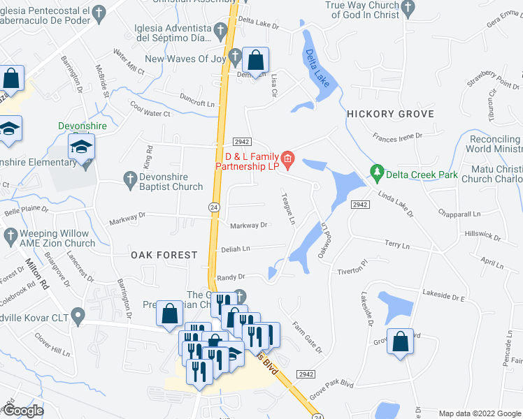 map of restaurants, bars, coffee shops, grocery stores, and more near 7122 Misty Morn Drive in Charlotte