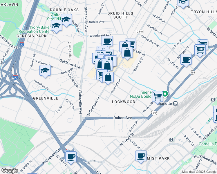 map of restaurants, bars, coffee shops, grocery stores, and more near in Charlotte