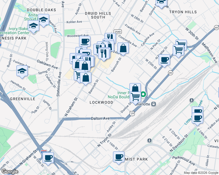 map of restaurants, bars, coffee shops, grocery stores, and more near 408 Keswick Avenue in Charlotte