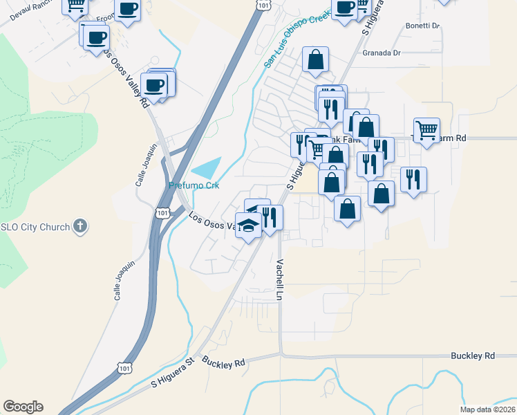 map of restaurants, bars, coffee shops, grocery stores, and more near 42 Del Sol Court in San Luis Obispo
