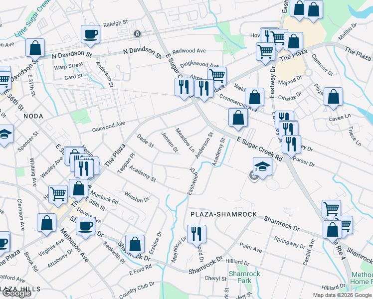 map of restaurants, bars, coffee shops, grocery stores, and more near 3900 Admiral Avenue in Charlotte