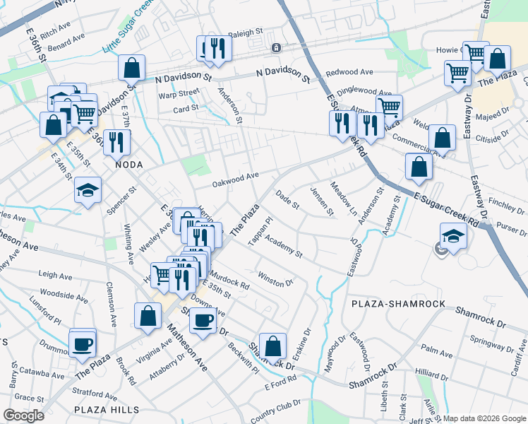 map of restaurants, bars, coffee shops, grocery stores, and more near 1008 Dade Street in Charlotte