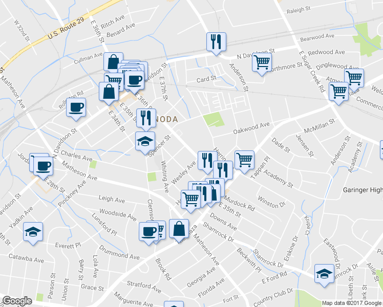 map of restaurants, bars, coffee shops, grocery stores, and more near in Charlotte