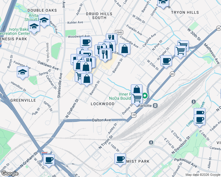 map of restaurants, bars, coffee shops, grocery stores, and more near 408 Keswick Avenue in Charlotte