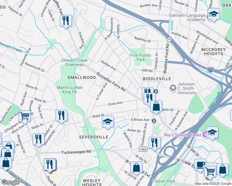 map of restaurants, bars, coffee shops, grocery stores, and more near in Charlotte