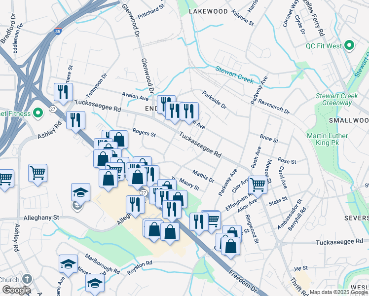 map of restaurants, bars, coffee shops, grocery stores, and more near 3315 Tuckaseegee Road in Charlotte