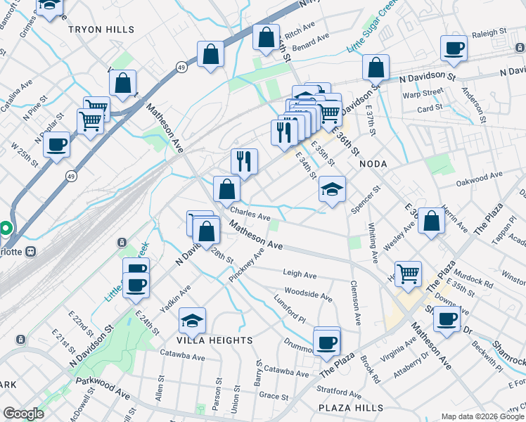 map of restaurants, bars, coffee shops, grocery stores, and more near in Charlotte