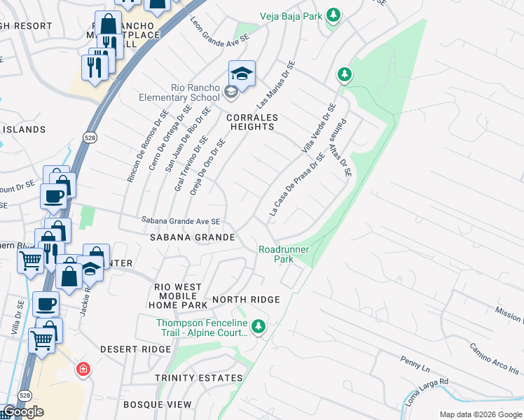 map of restaurants, bars, coffee shops, grocery stores, and more near 805 La Casa De Prasa Drive Southeast in Rio Rancho