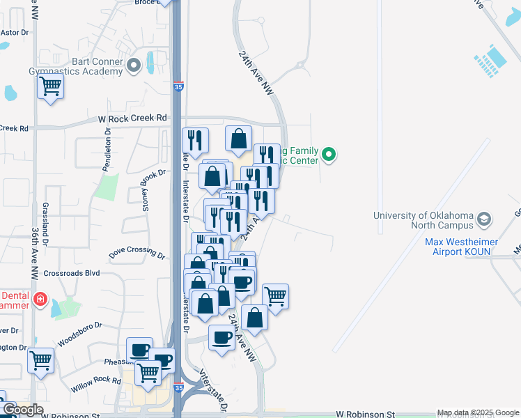 map of restaurants, bars, coffee shops, grocery stores, and more near 2110 24th Avenue Northwest in Norman