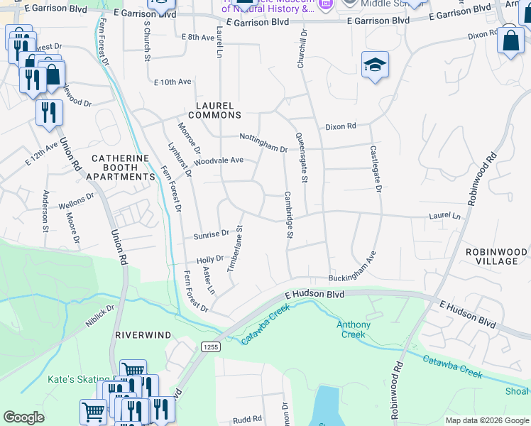 map of restaurants, bars, coffee shops, grocery stores, and more near 1440 Laurel Lane in Gastonia