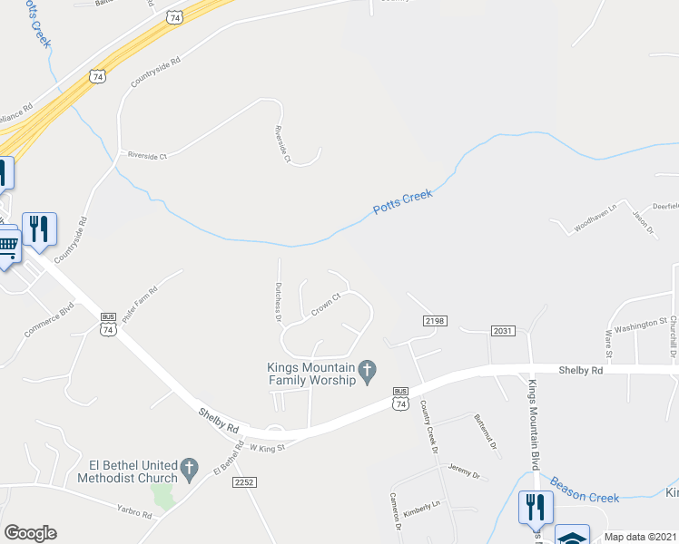 map of restaurants, bars, coffee shops, grocery stores, and more near 112 Majesty Place in Kings Mountain