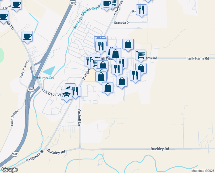 map of restaurants, bars, coffee shops, grocery stores, and more near 143 Suburban Road in San Luis Obispo