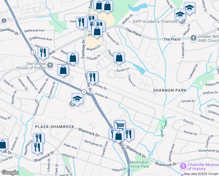 map of restaurants, bars, coffee shops, grocery stores, and more near 1733 Finchley Drive in Charlotte