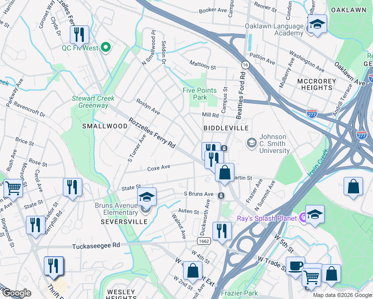 map of restaurants, bars, coffee shops, grocery stores, and more near 214 Lima Avenue in Charlotte