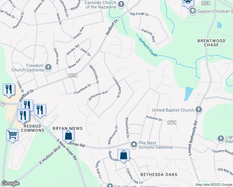 map of restaurants, bars, coffee shops, grocery stores, and more near 2217 Londonderry Drive in Gastonia