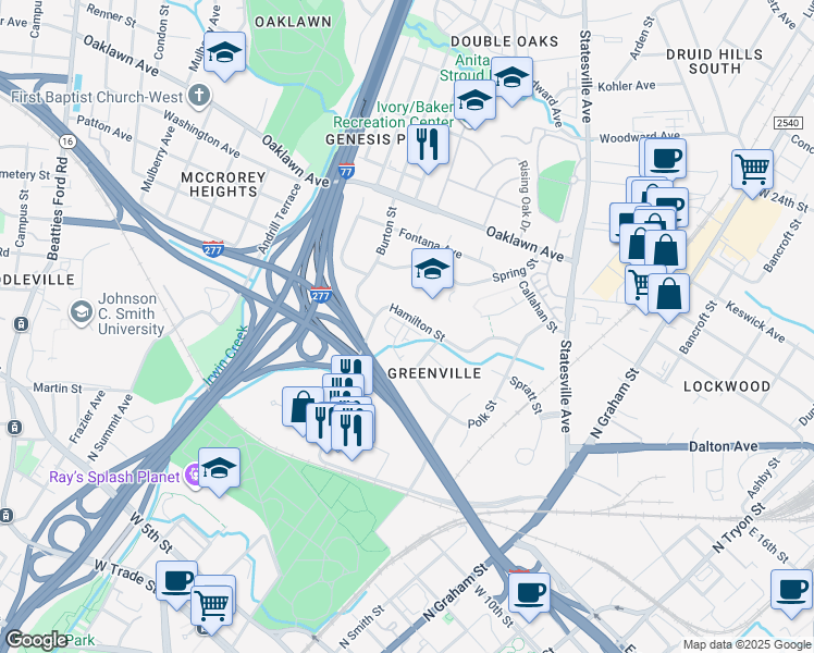 map of restaurants, bars, coffee shops, grocery stores, and more near 1301-1415 Hamilton Street in Charlotte